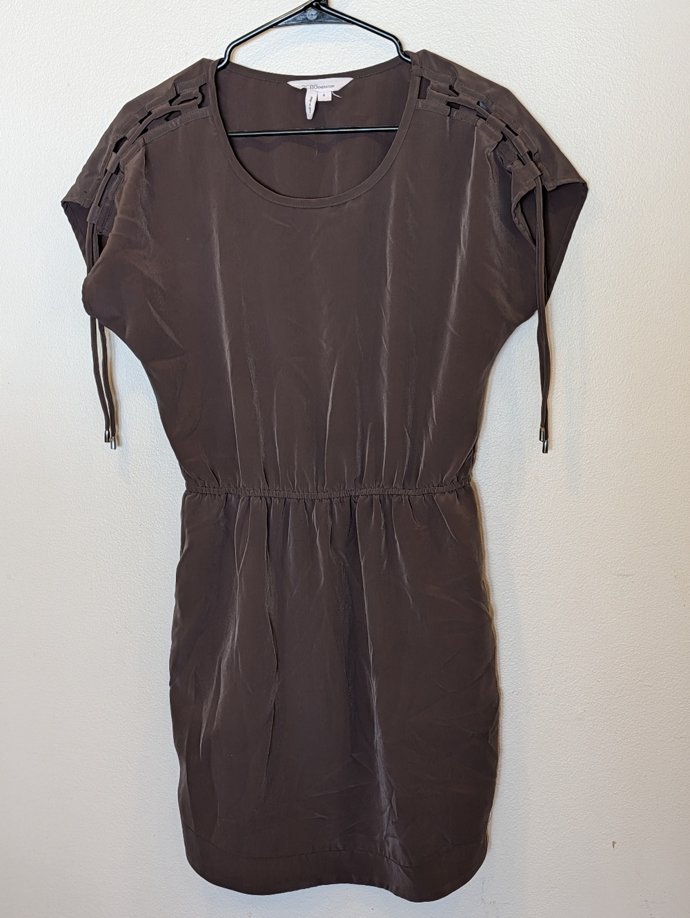 BCBGeneration Brown Casual Mini Dress S Elastic Waist Lace-Up Sleeve Boho